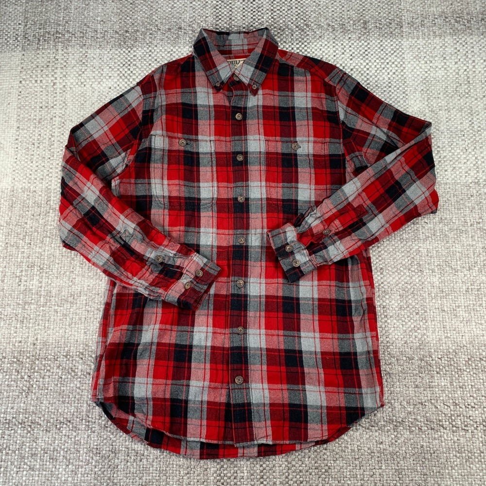 Duluth Trading Co Flannel Shirt Mens L Tall Red Plaid Trim Fit Button Up